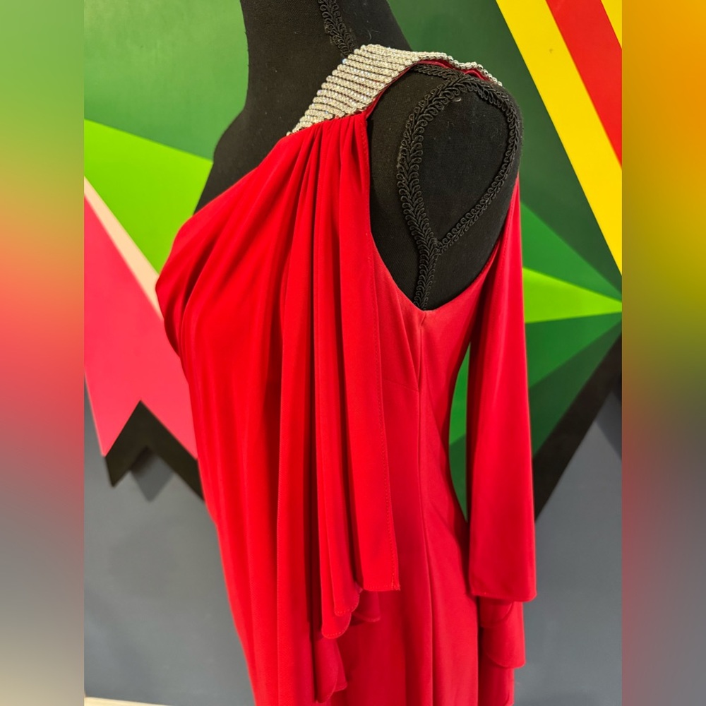 Y2K Cache Red One-Shoulder Asymmetric Draped Mini Dress with Rhinestone Shoulder - Picture 4 of 6